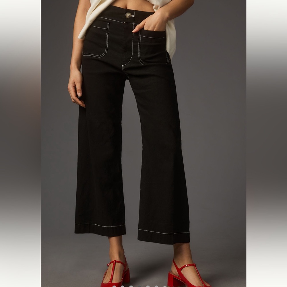 Maeve Navy Colette cropped Trousers with contrast Stitching - Picture 7 of 7
